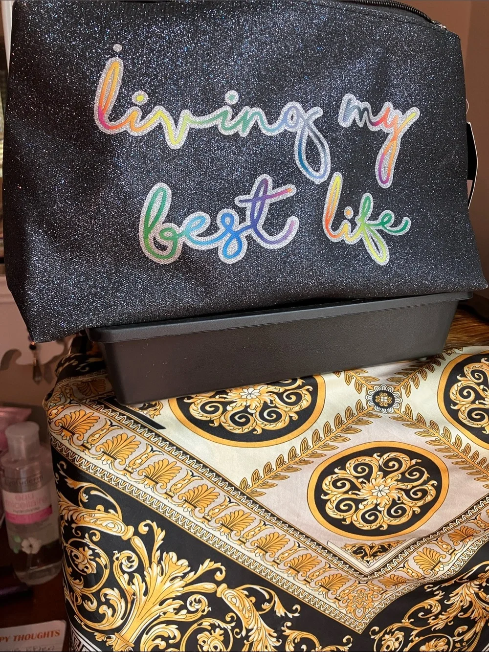 Glitter Black 'Living My Best Life' Cosmetic Pouch w/FREE- hair accessories&MORE